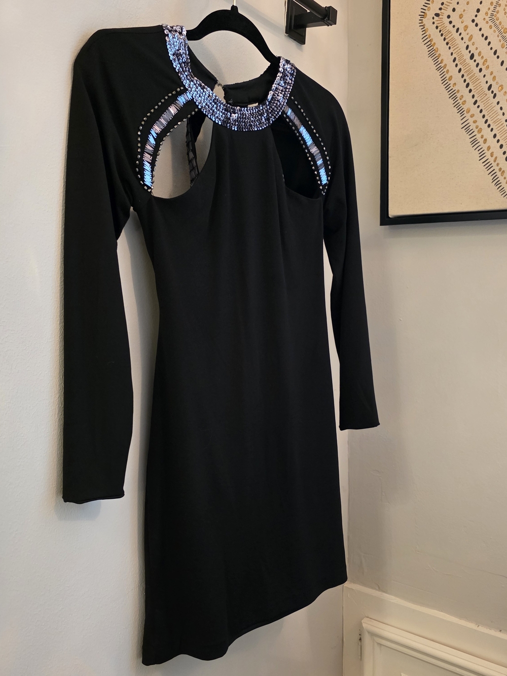 Black Long-Sleeve Cutout Dress with Iridescent Beaded Neckline